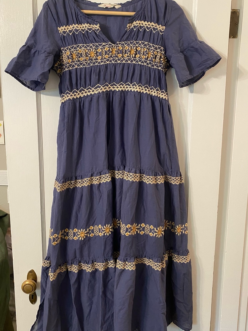 Scandinavian Blue Tiered Dress with Cream & Tan Embroidery